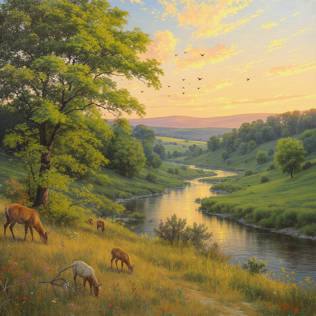 AI generated: Create a pastoral landscape artwork that looks like something a human would make. Focus on brushstro...