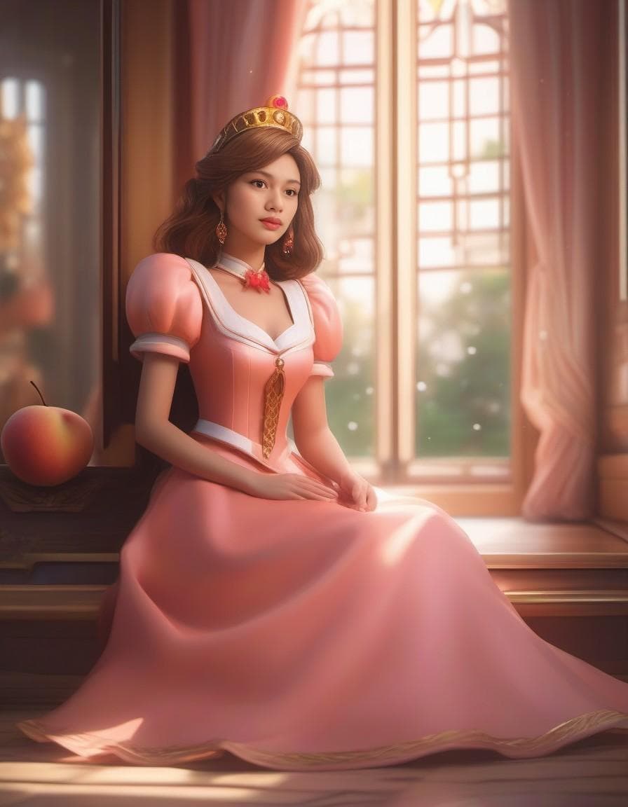AI generated: sailor girl sitting on the floor in a room with a window, portrait of princess peach, princess peach...
