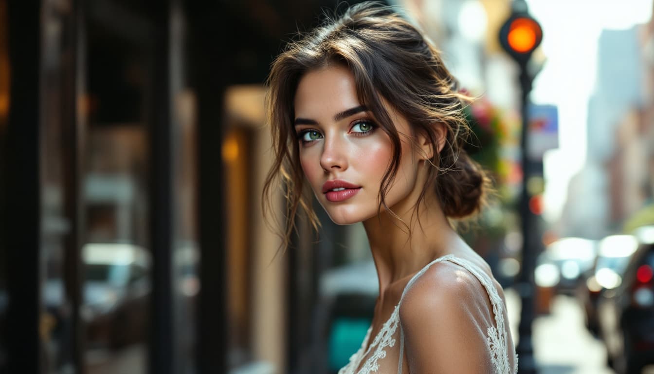 AI generated: young beautifull girl with green eyes and brunette take a work down the street in shor laced transpa...