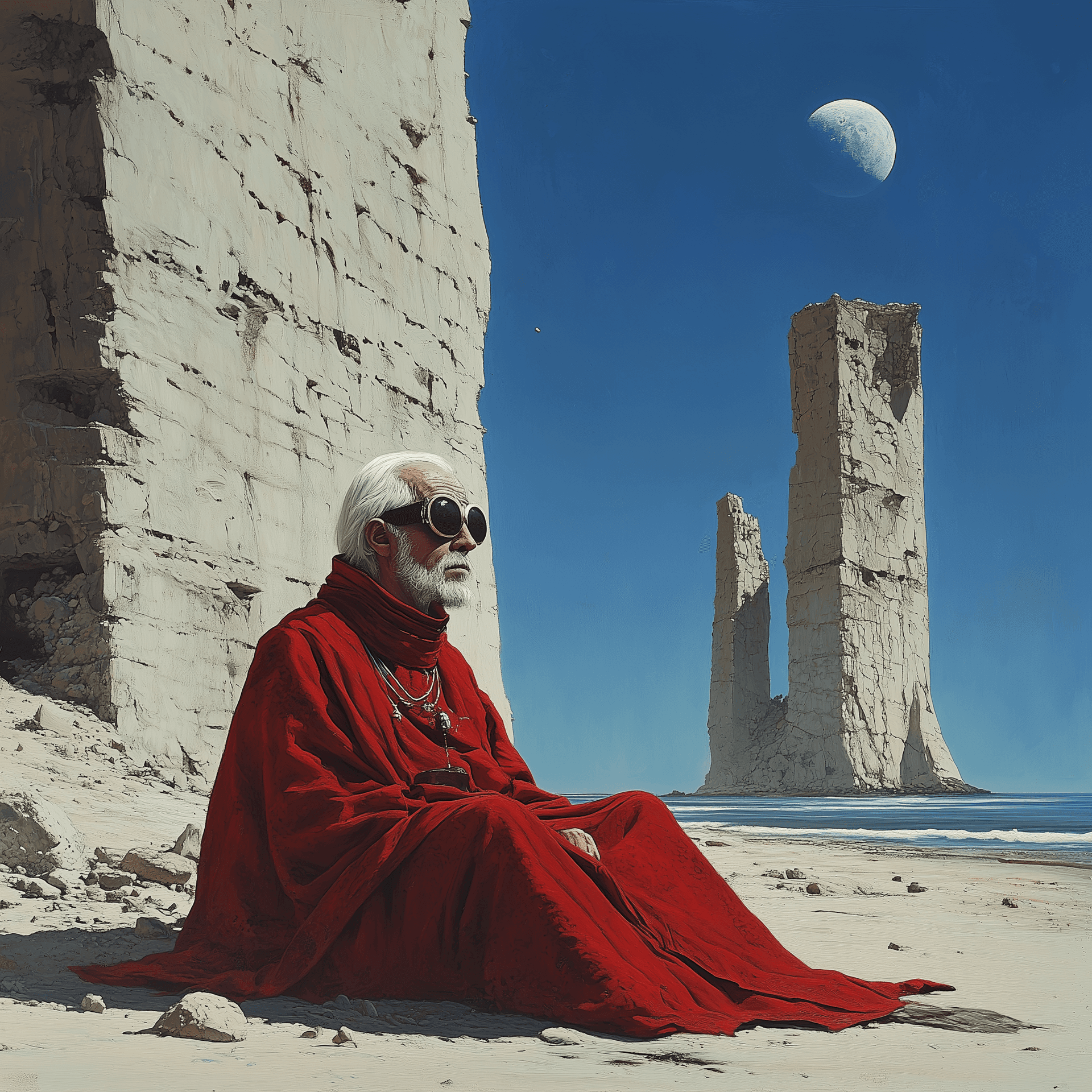 AI generated: An old man in red and white robes sits on the beach, next to tall stone towers covered with trees, a...