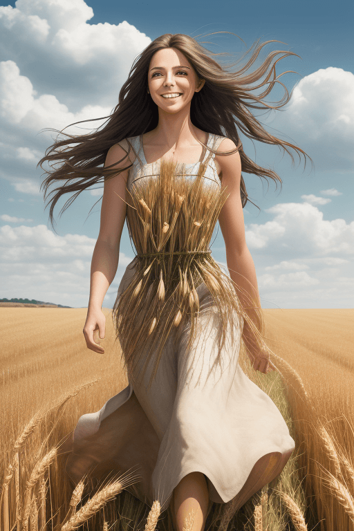 AI generated: HDR photo of woman, smiling, long brunette hair, arms out, walking through a field of wheat on a par...