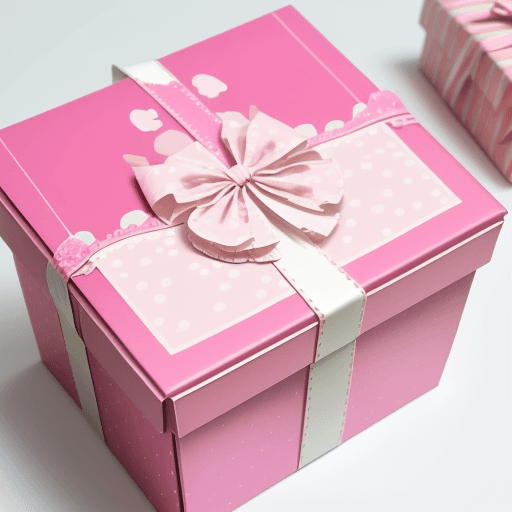 AI generated: Several gift boxes, with a small pink bicycle inside the gift box, a mushroom inside other gift box,...