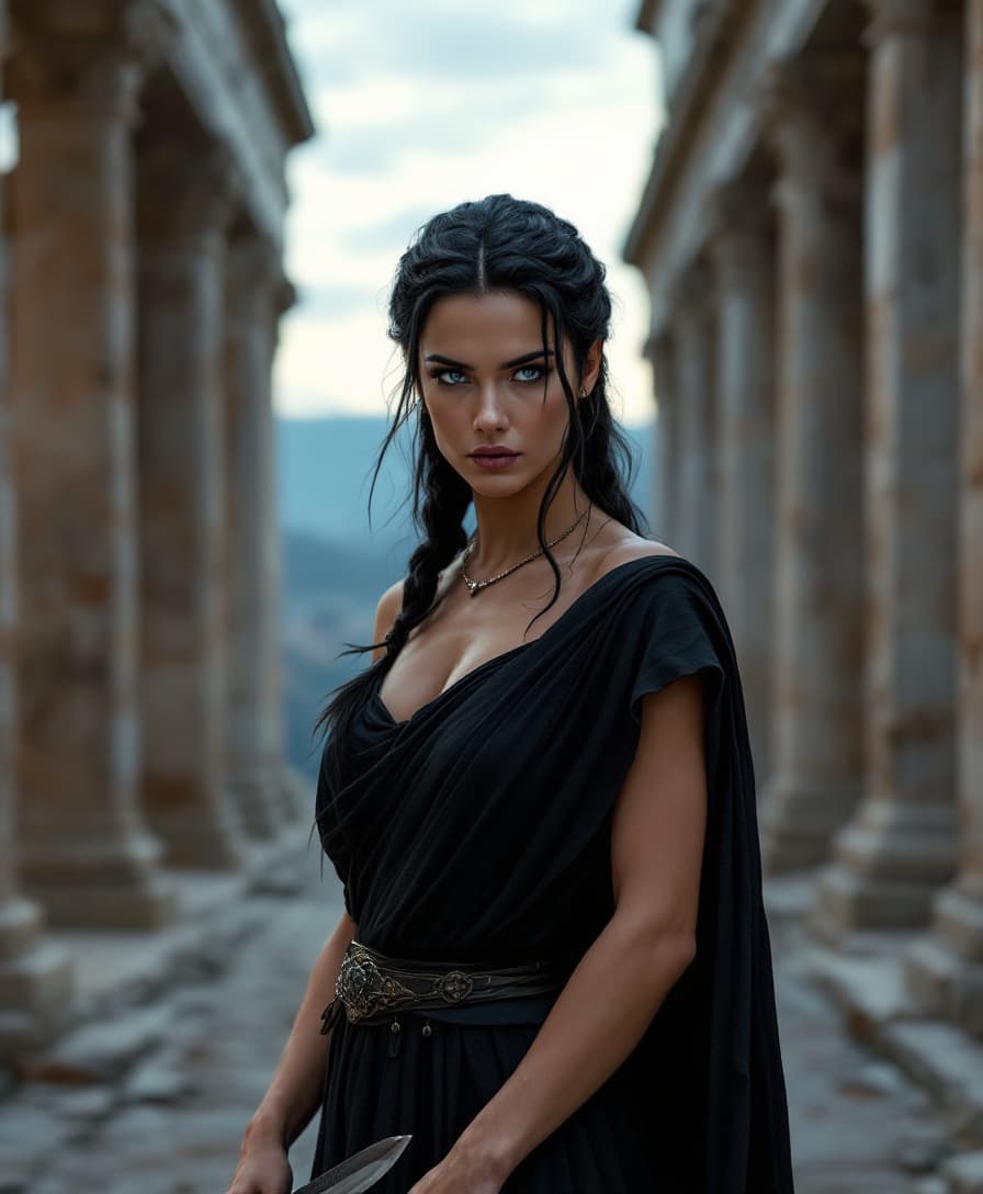 AI generated: A realistic photograph of a Greek woman, set in a Greek temple. She has wavy black hair tied back in...