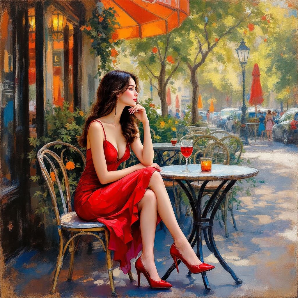 AI generated: oil painting on canvas of a beautiful Korean woman, in a red dress sitting at a table outside a Pari...