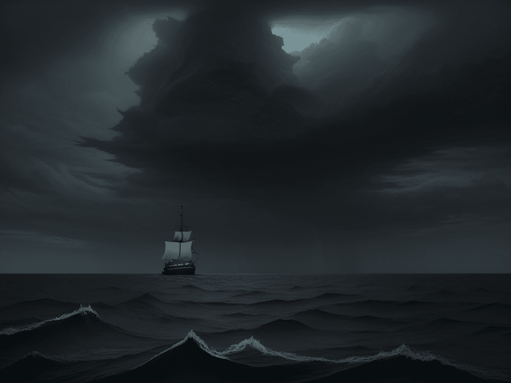 AI generated: In the evening, a boat floats on the sea, surrounded by a vast oceanic landscape. The sky displays a...