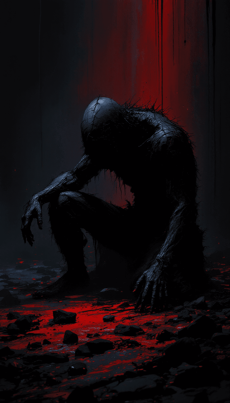 AI generated: alone in the darkness, broken, kneeling and looking down, full body, no face, (psychopathic:0.8) , b...