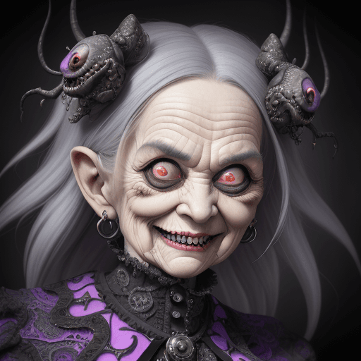 AI generated: Very old madness grandma with evil smile, mad sky hallucination by Mundford, baroque maximalist, chi...