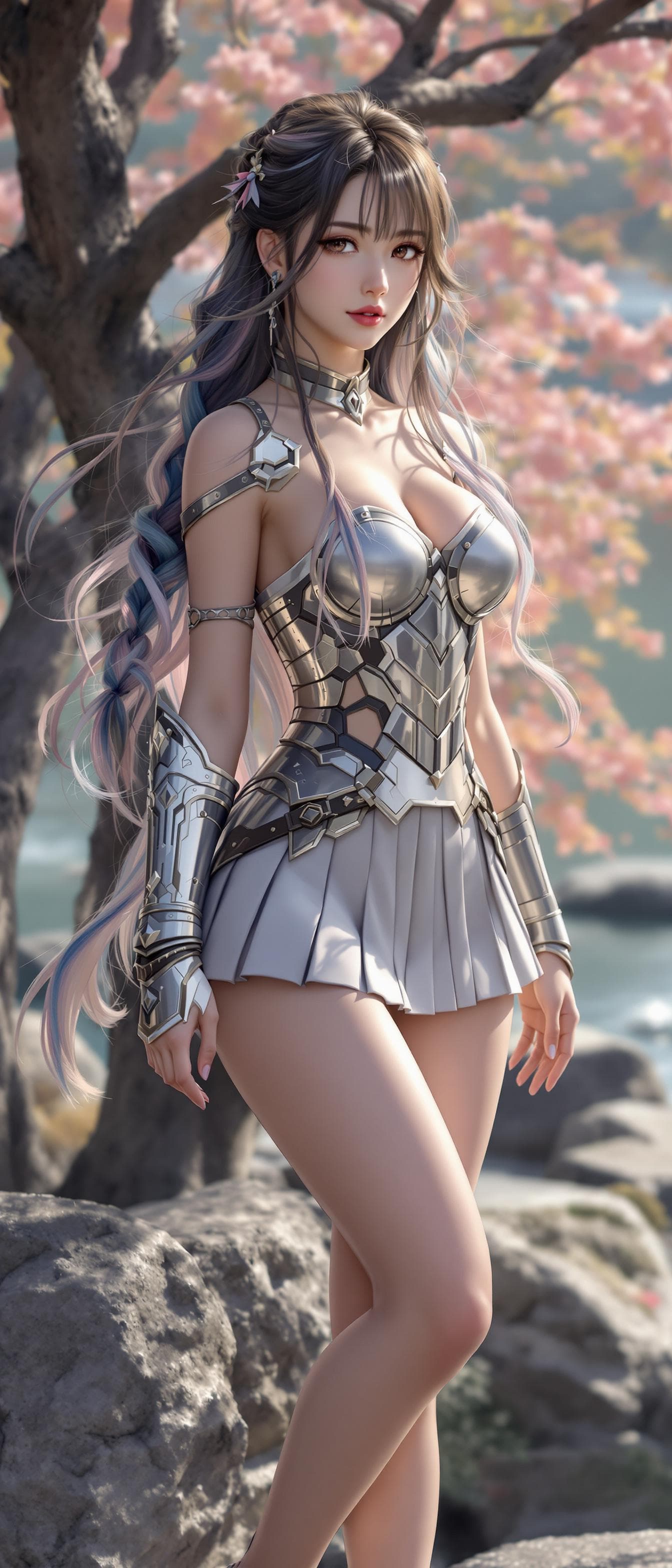AI generated: hyperrealistic, korean girl, korean ulzzang face, a girl, beautiful, wearing a iron man armor strapl...