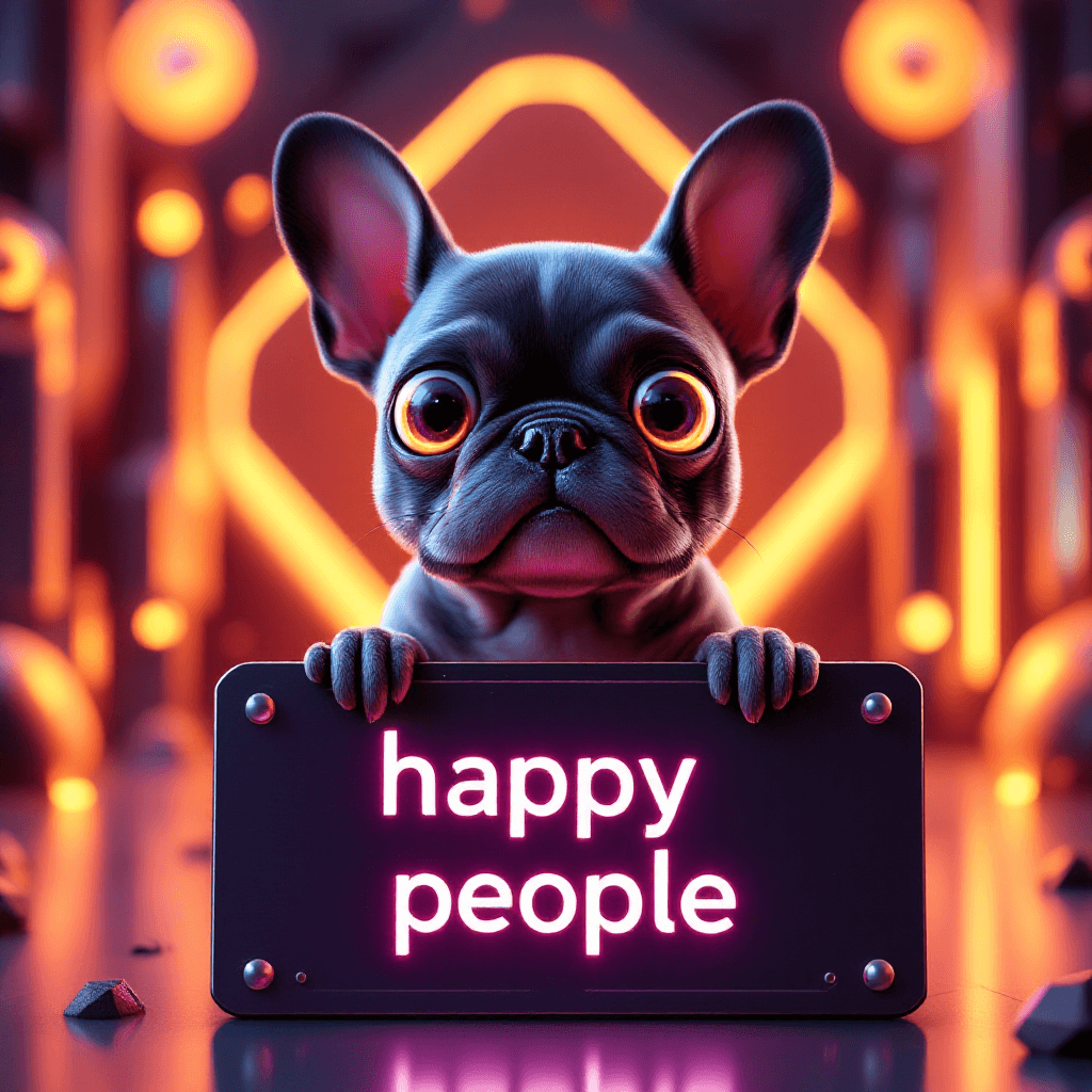 AI generated: 3d Image Pixar Style, creepy french bulldog puppy with huge eyes, nervous eyes, holding a Flat lay m...