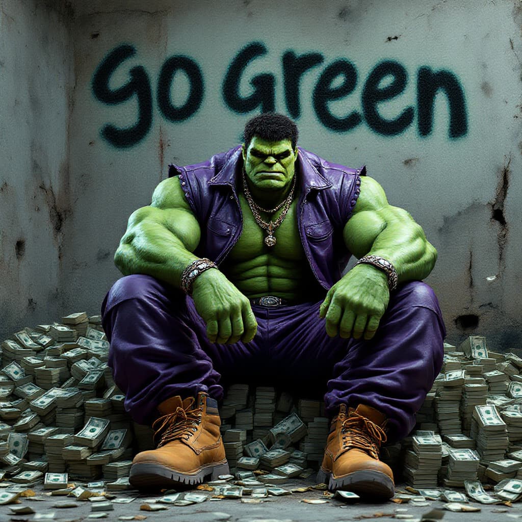 AI generated: The incredible hulk in hip hop gear, purple leather jacket, baggy pants and timberland boots sitting...