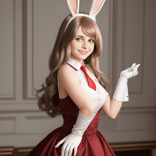 AI generated: Photo of a realistic woman, sleeveless granate dress, little tie, big realistic bunny ears , short w...
