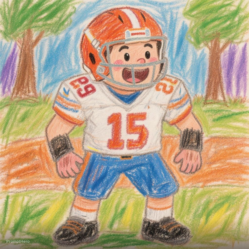 AI generated: Child's drawing in crayon, football player, in the style of children's artwork, fun use of color and...