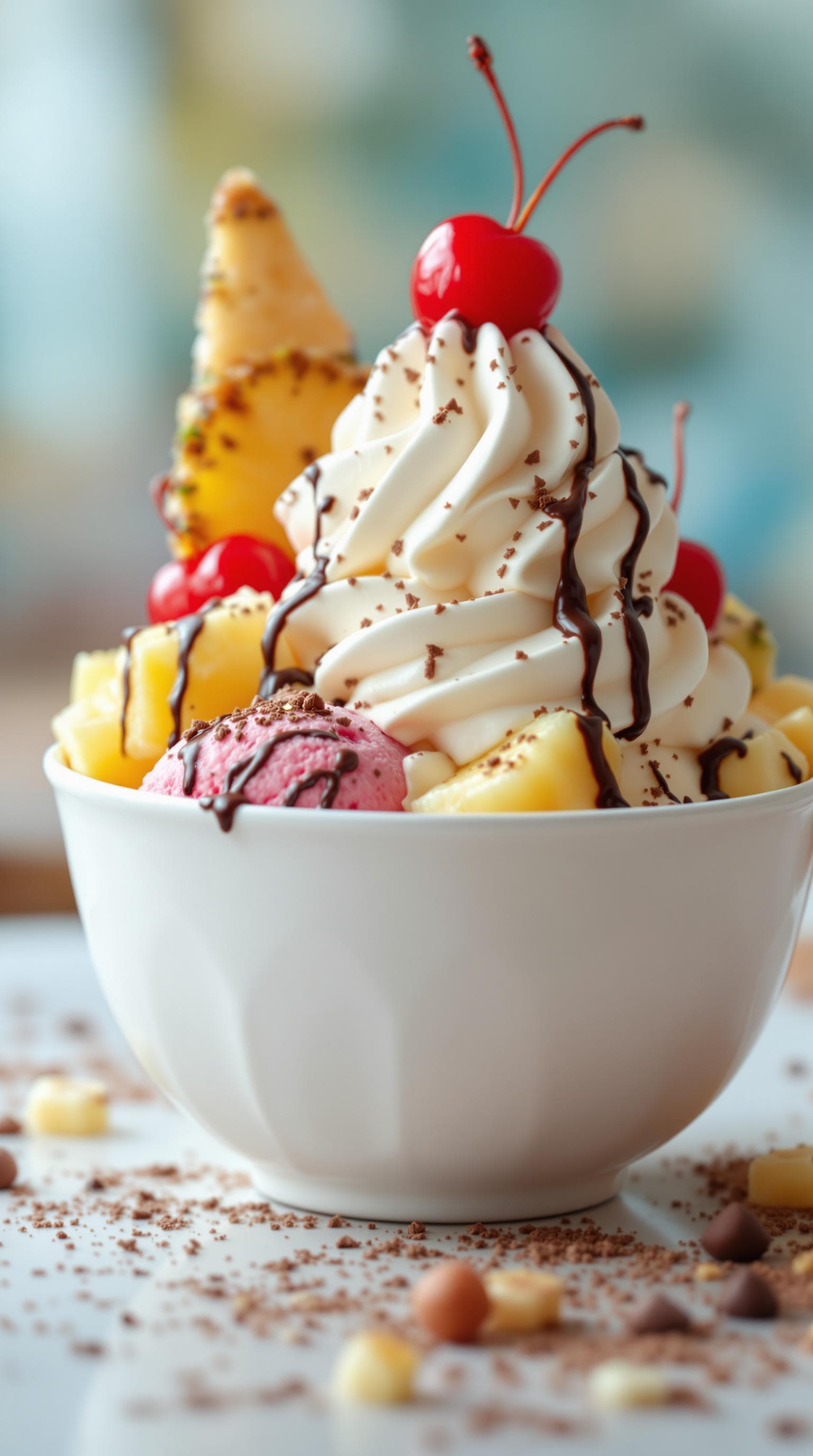 AI generated: bowl of delicious icecream, topped with cream, pineapple, cherries, sprinkeld with chocolate, hi glo...