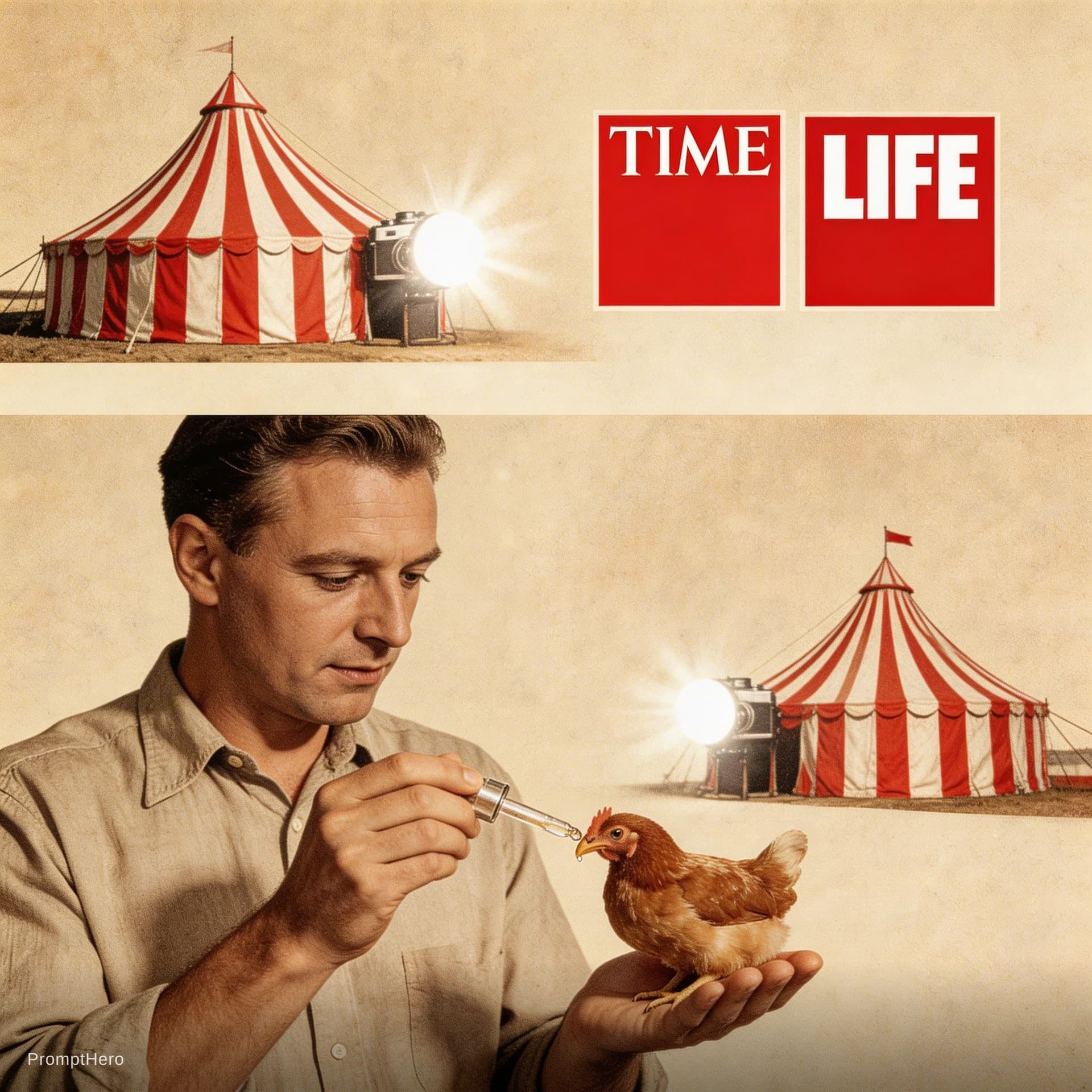 AI generated: Actual photos of Lloyd feeding Mike the chicken with an eyedropper. Fast-paced montage of vintage ci...