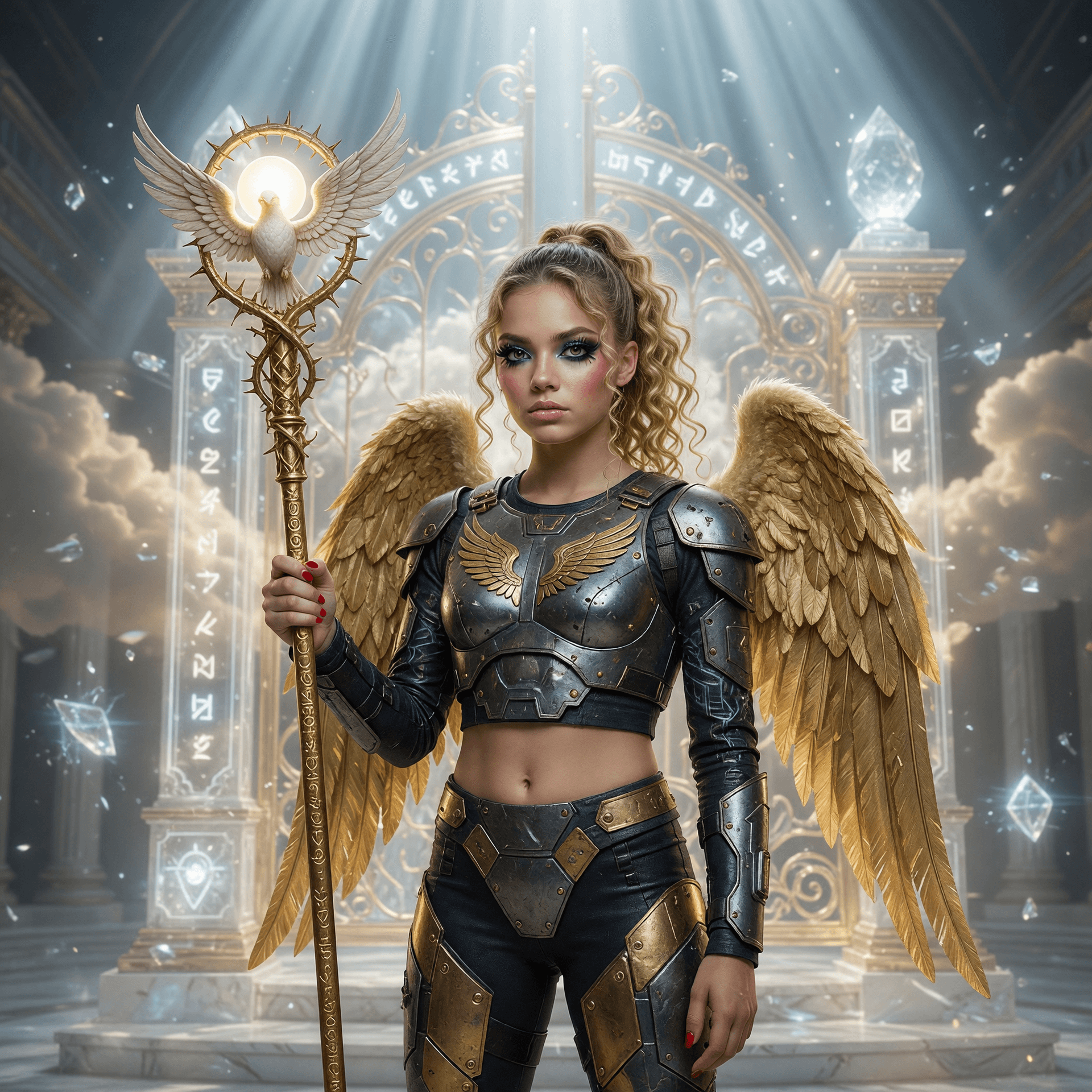 AI generated: a realistic photo of (age 15), (eleven year old), Freya Allan as a angel, highly detailed, futuristi...