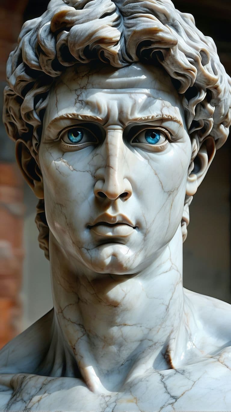 AI generated: A hyper-realistic reimagining of Michelangelo's David white marble statue but. focus on the Realisti...
