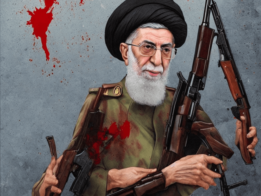 AI generated: portrait of ali khamenei with a ak47 gun poinited to his head with blood everywhere 
