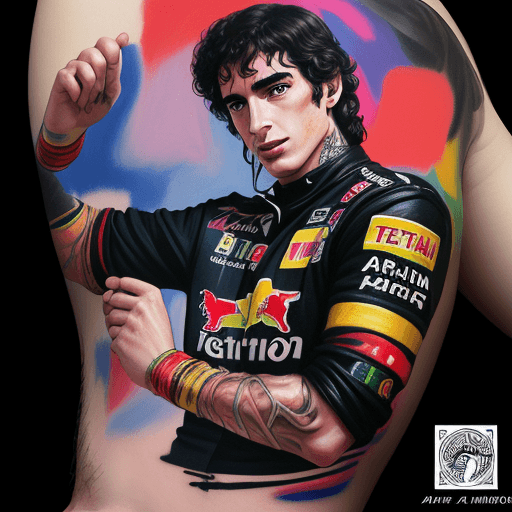 AI generated: Digital Tattoo with ayrton senna for men arm , artistic design , colorful , abstract , raceing vibe ...
