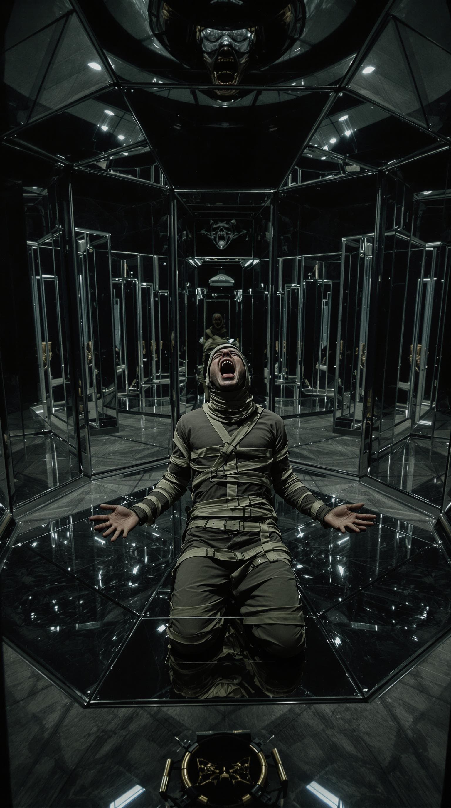 AI generated: (film grain), ultrarealistic 4k, photoart_style, (A person tightly restrained in a straitjacket knee...