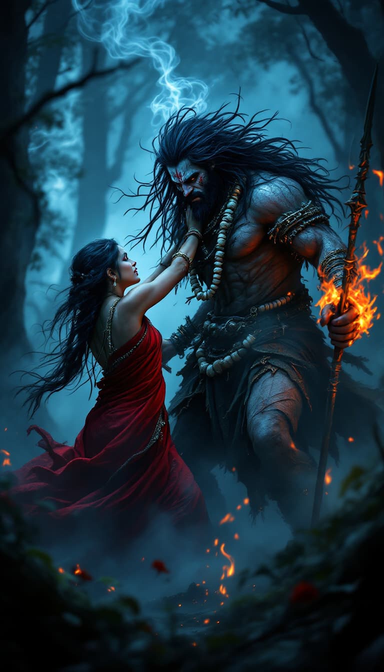 AI generated: high definition photo, ,  a beautiful girl wearing red saree  fights with  a man set in a dark, mist...