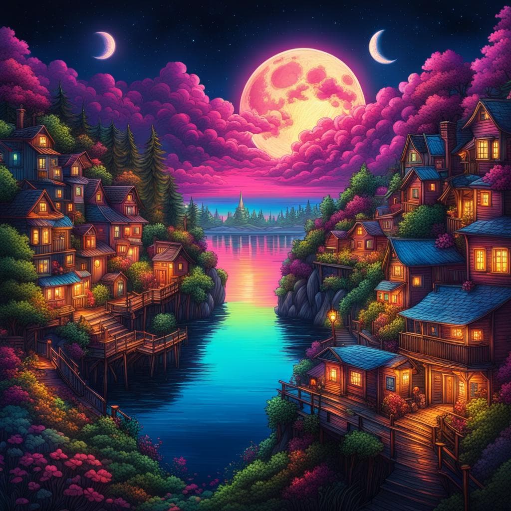 AI generated: A city surrounded by an enchanted forest, neon light art, in the dark of night, moonlit seas, clouds...