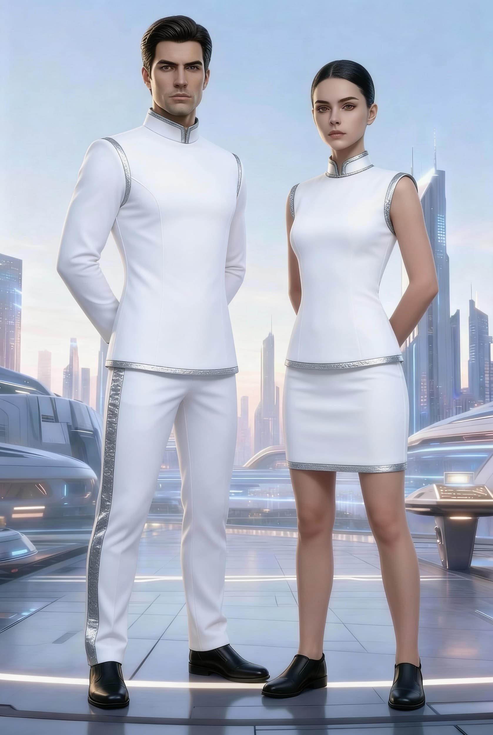 AI generated: Create a Sci-Fi uniform. Use the reference image and turn all white uniforms with silver trim. The c...