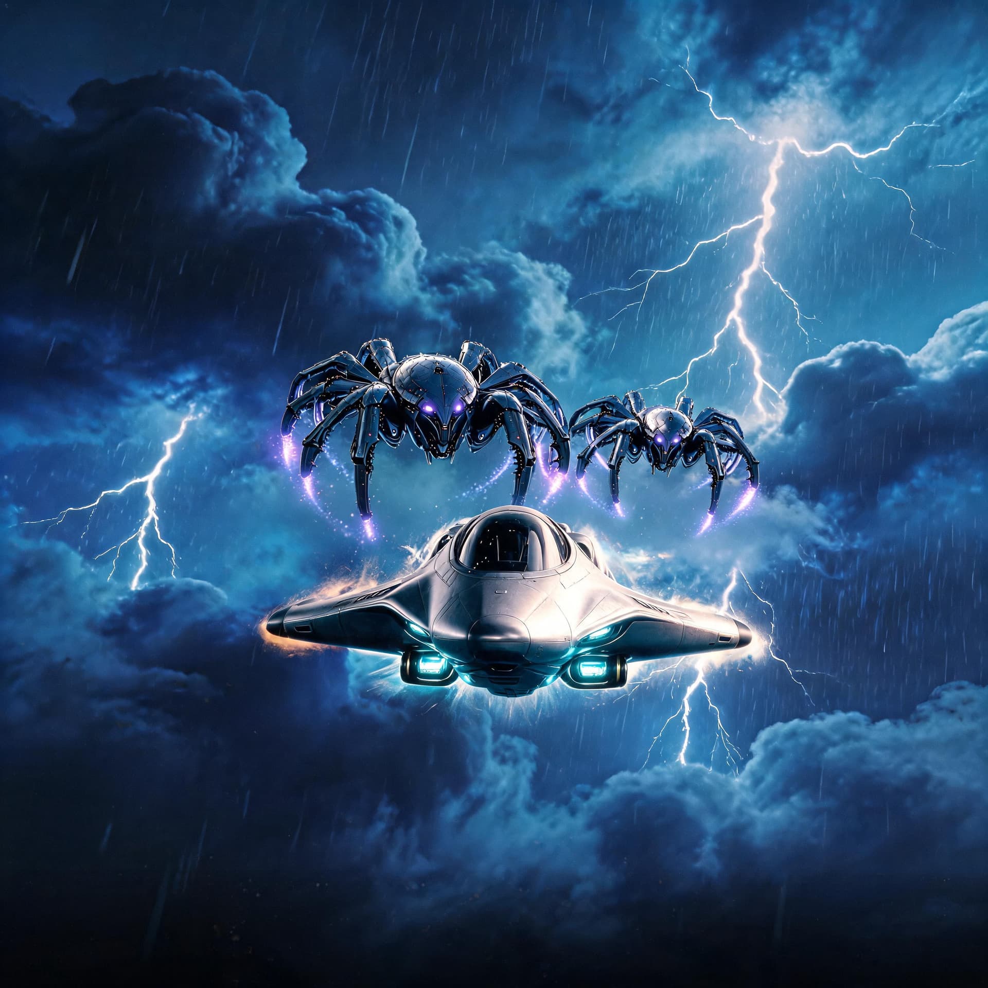 AI generated: Ultra-cinematic sci-fi atmospheric entry scene, a sleek silver alien scout craft descending into Ear...