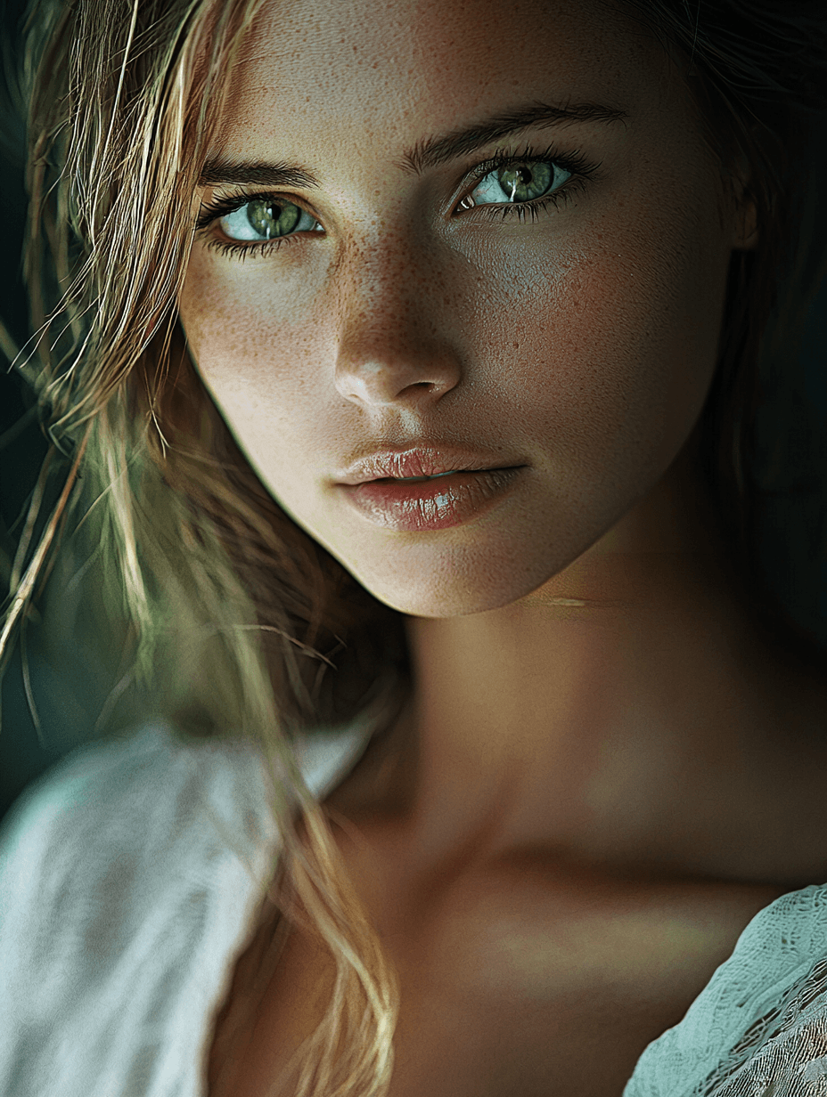 AI generated: A stunning portrait of a woman with captivating green eyes, softly lit against a dark, blurred backg...