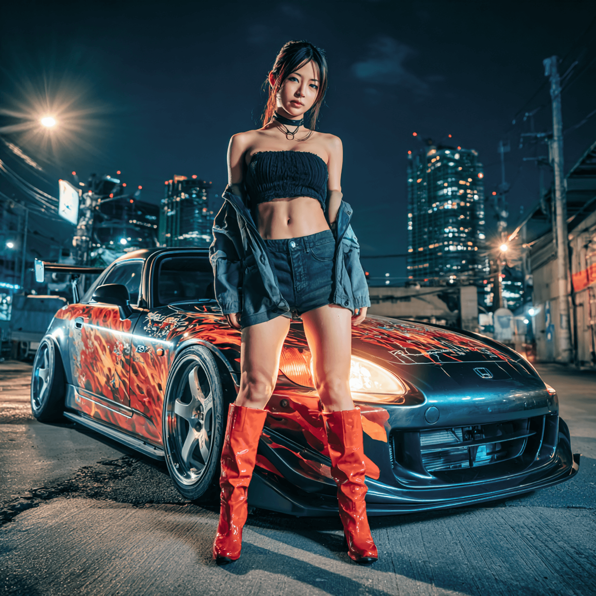 AI generated: a petite beautiful Japanese woman with sleek jet-black hair, delicate facial features, flawless smoo...