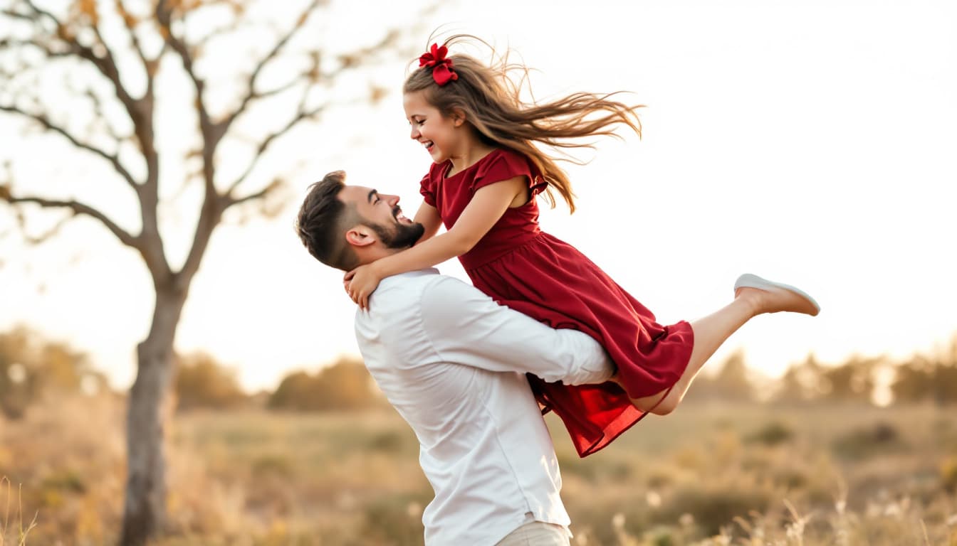 AI generated: a man holds a loving girl in a red dress, who jumped on him and hugged him with her arms and legs