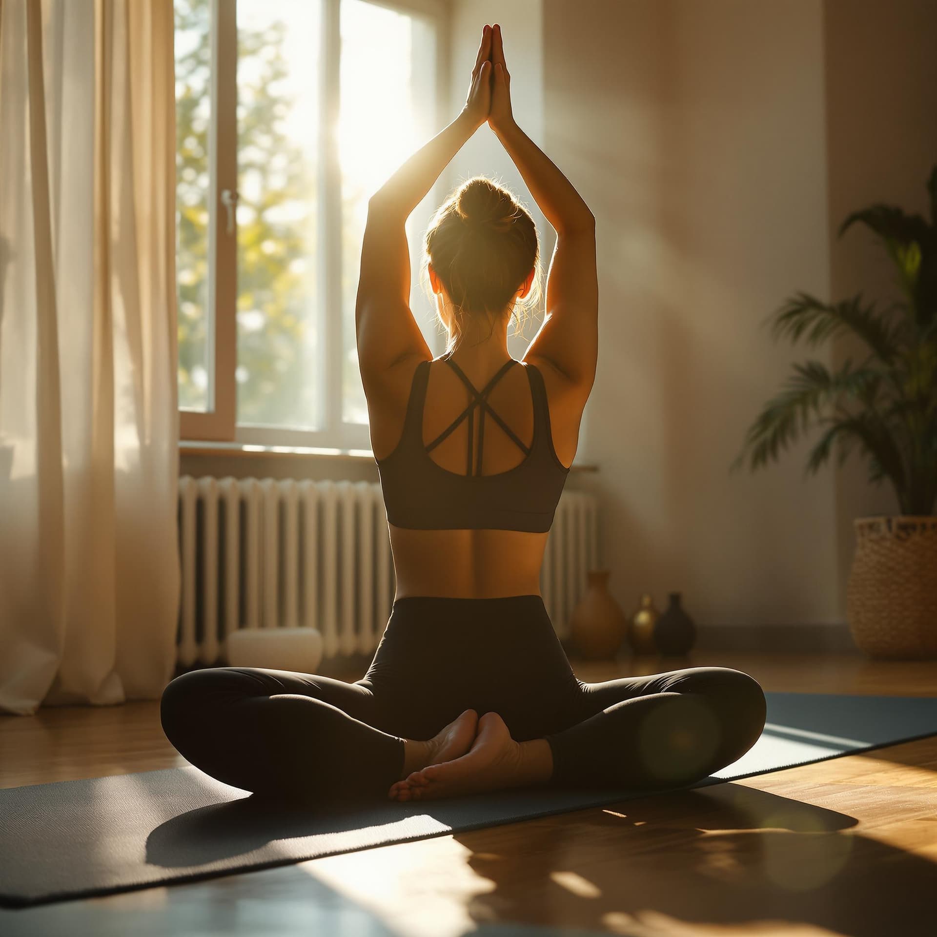 AI generated: A person practicing yoga in a sunlit room. dslr, ultra quality, sharp focus, tack sharp, dof, film g...