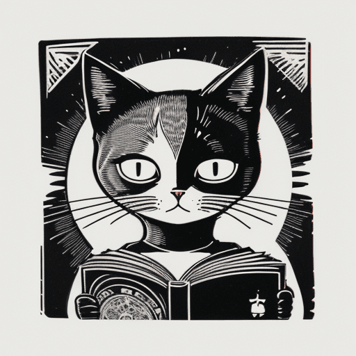 AI generated: Minimalist illustration on a T-shirt in linocut style, the shape of the badge, the face of a cat and...