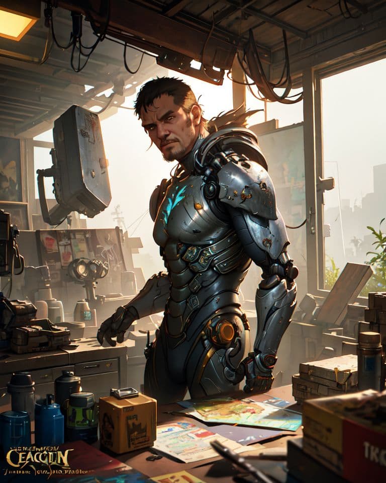 AI generated: Wide angle Environmental shot in a cluttered and messy shack , action shot, tattered torn shirt, por...