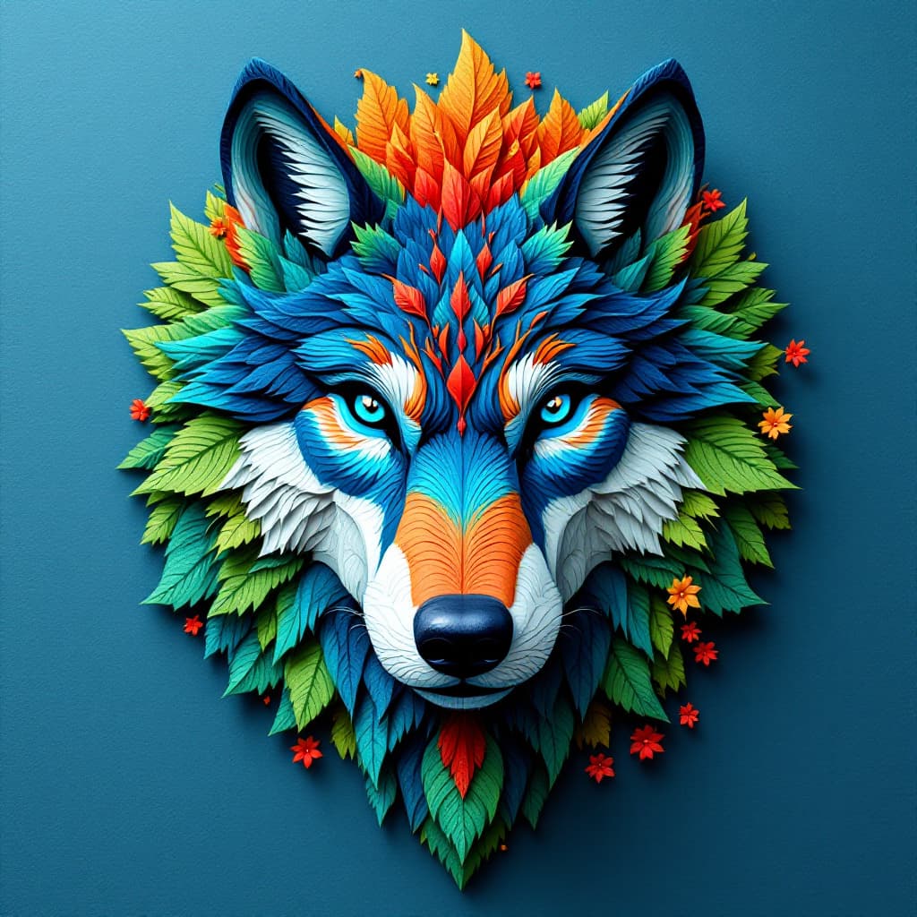 AI generated: 3D rendering, front view, beautiful Wolf, paper work for a tactile style, choose a color palette wit...