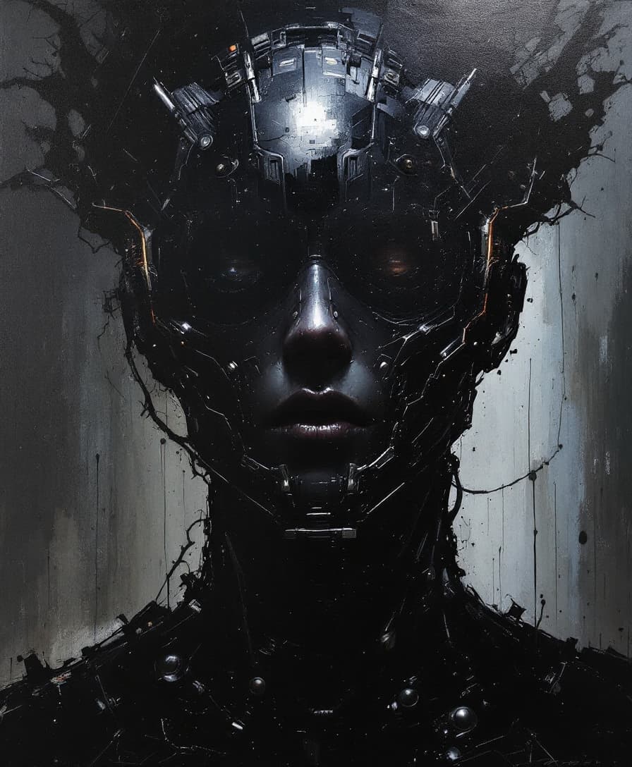 AI generated: artistic, oil painting, front view, upper body, heavy brushed, sci-fi, bizarre mechanical human, gaz...