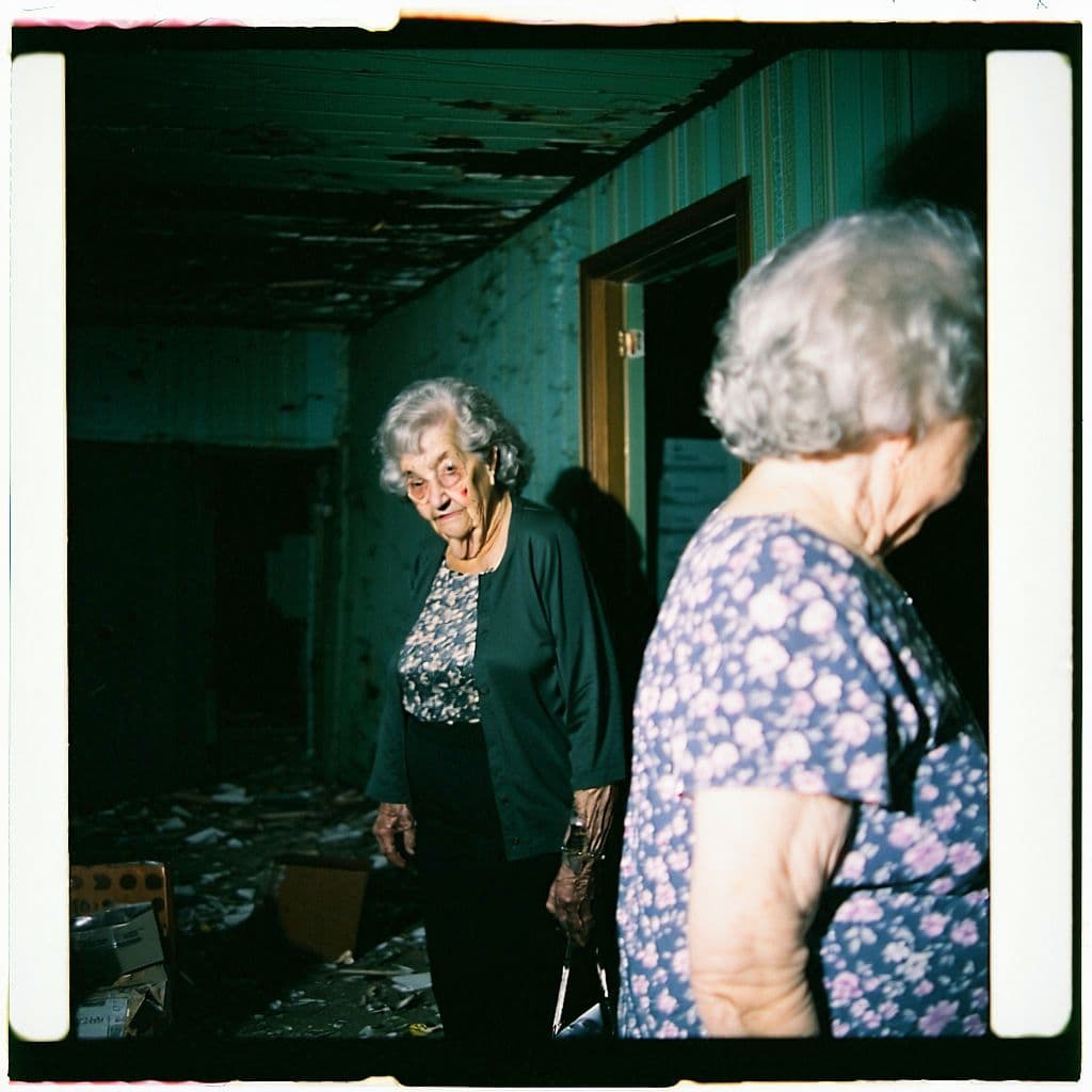 AI generated: grainy 80's photograph quality polaroid really creepy old people caught in an abandoned house, dark,...