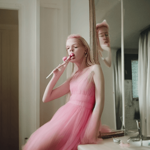 AI generated: blond woman in pink dress brushing teeth in front of mirror, pink dress, translucent dress, dressed ...
