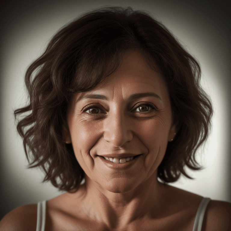 AI generated: hyper realistic headshot photo of a 40 year old, jewish setler woman, looking into the camera, smili...