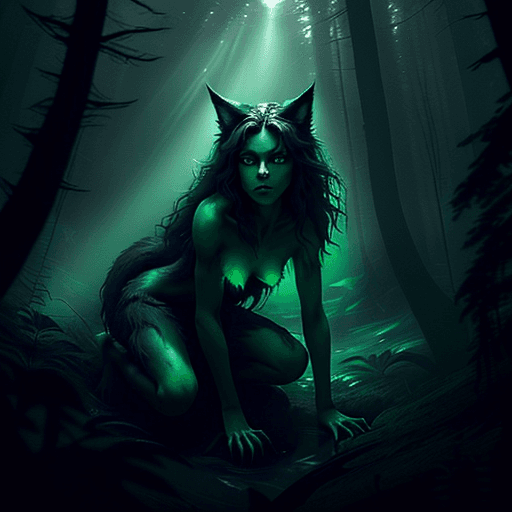 AI generated: A young female werewolf prowling the deep, dark reaches of the forest at night, her emerald green ey...