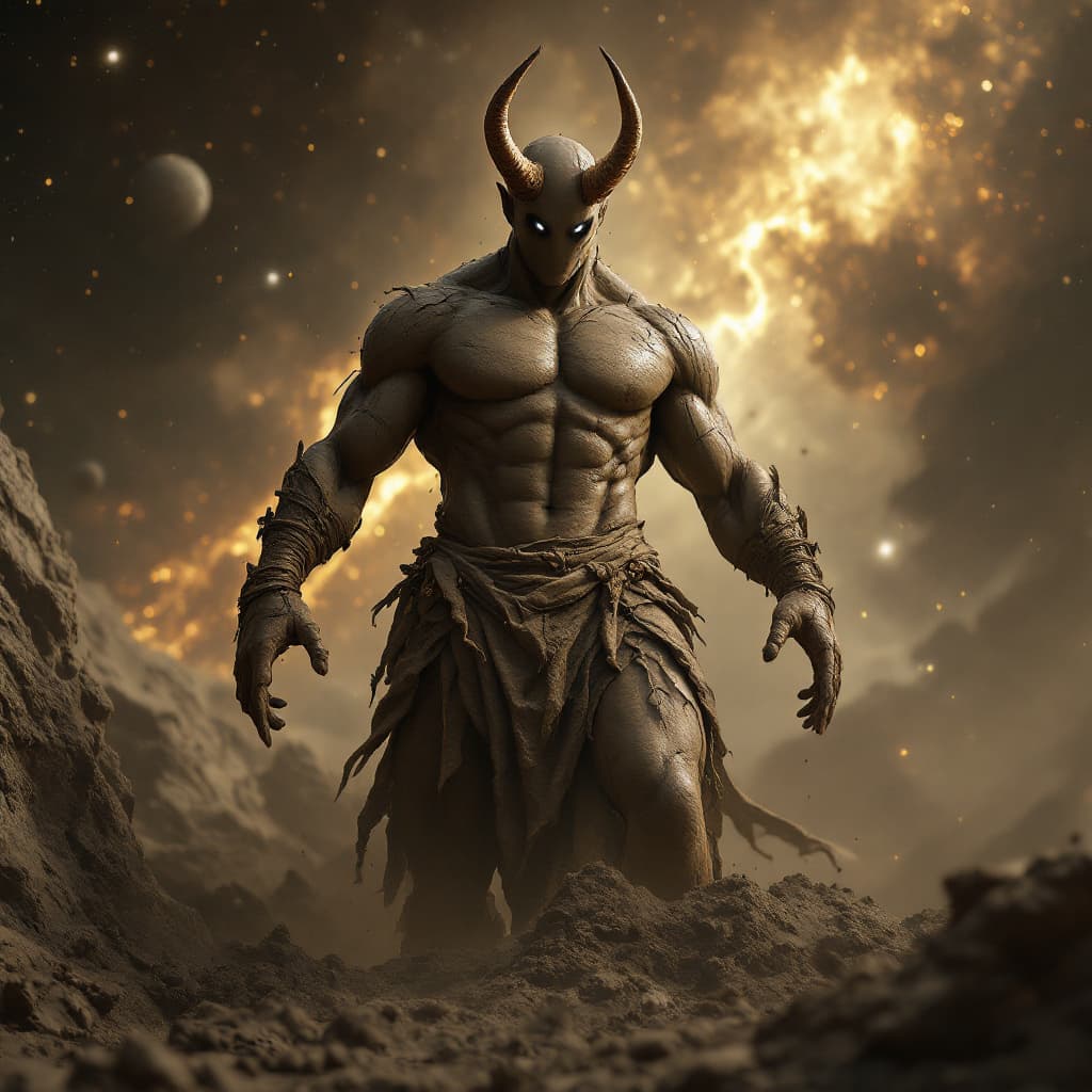 AI generated: God of Mud and Clay, full-body, Etherial, muscular, No mouth or hair, Glowing Black eyes, epic, cine...