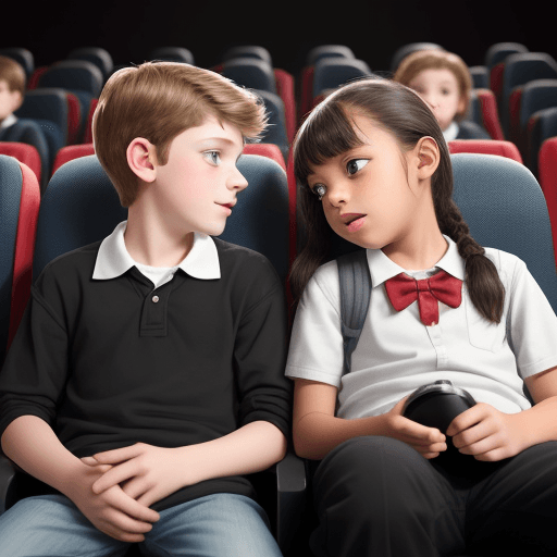 AI generated: Create a graphic of a white grade schooler and a black grade schooler talking in the movie theater