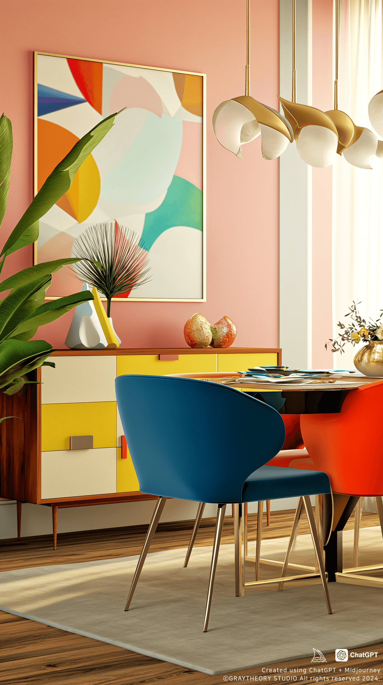 AI generated: cinematic, a vibrant Mid-century modern dining area, colorful chairs and a retro sideboard, a straig...