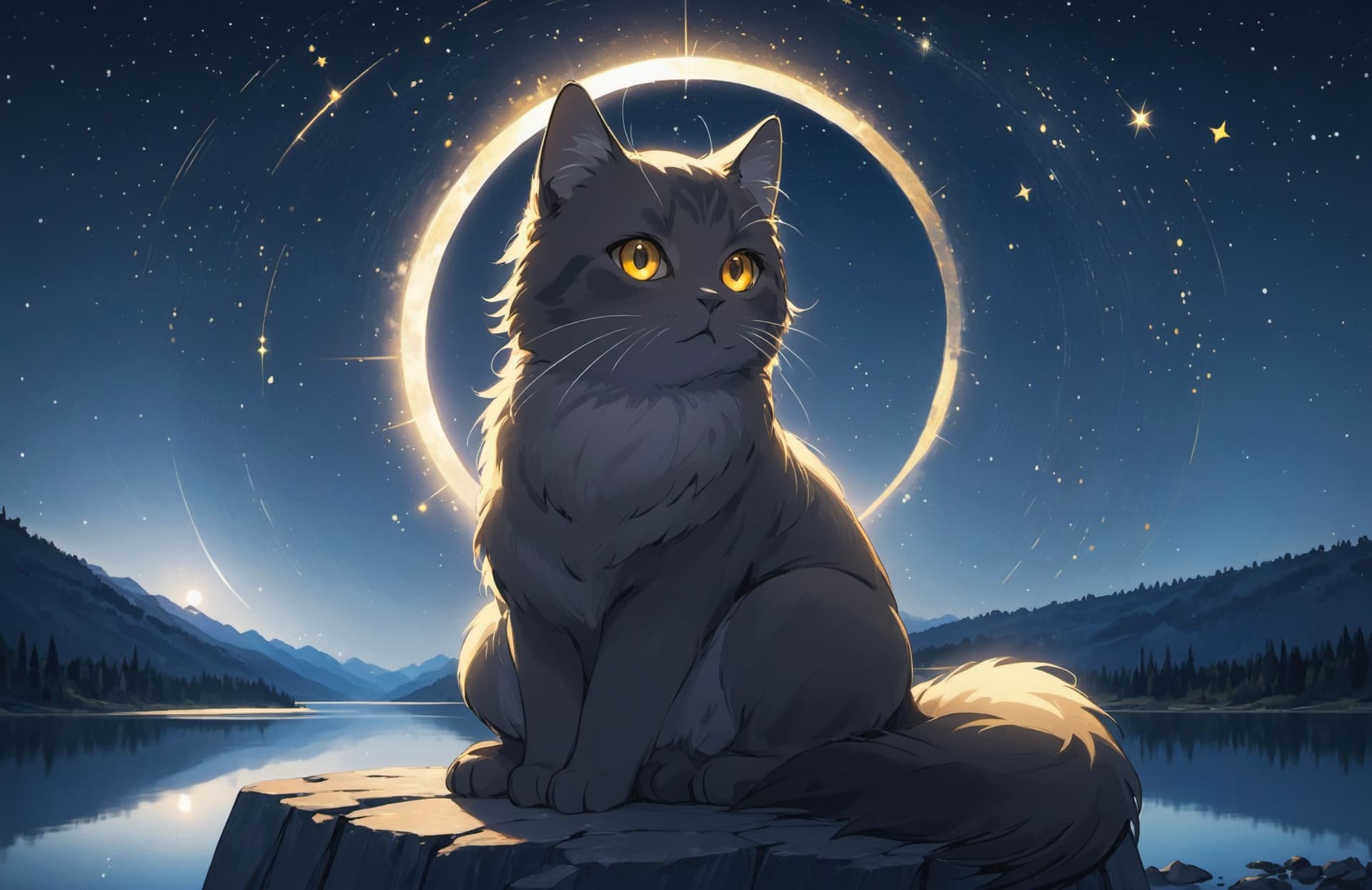 AI generated: ('young 1cat':1.2) with 'dark grey fur with white streaks', (symmetric face: 1.1), wise round golden...