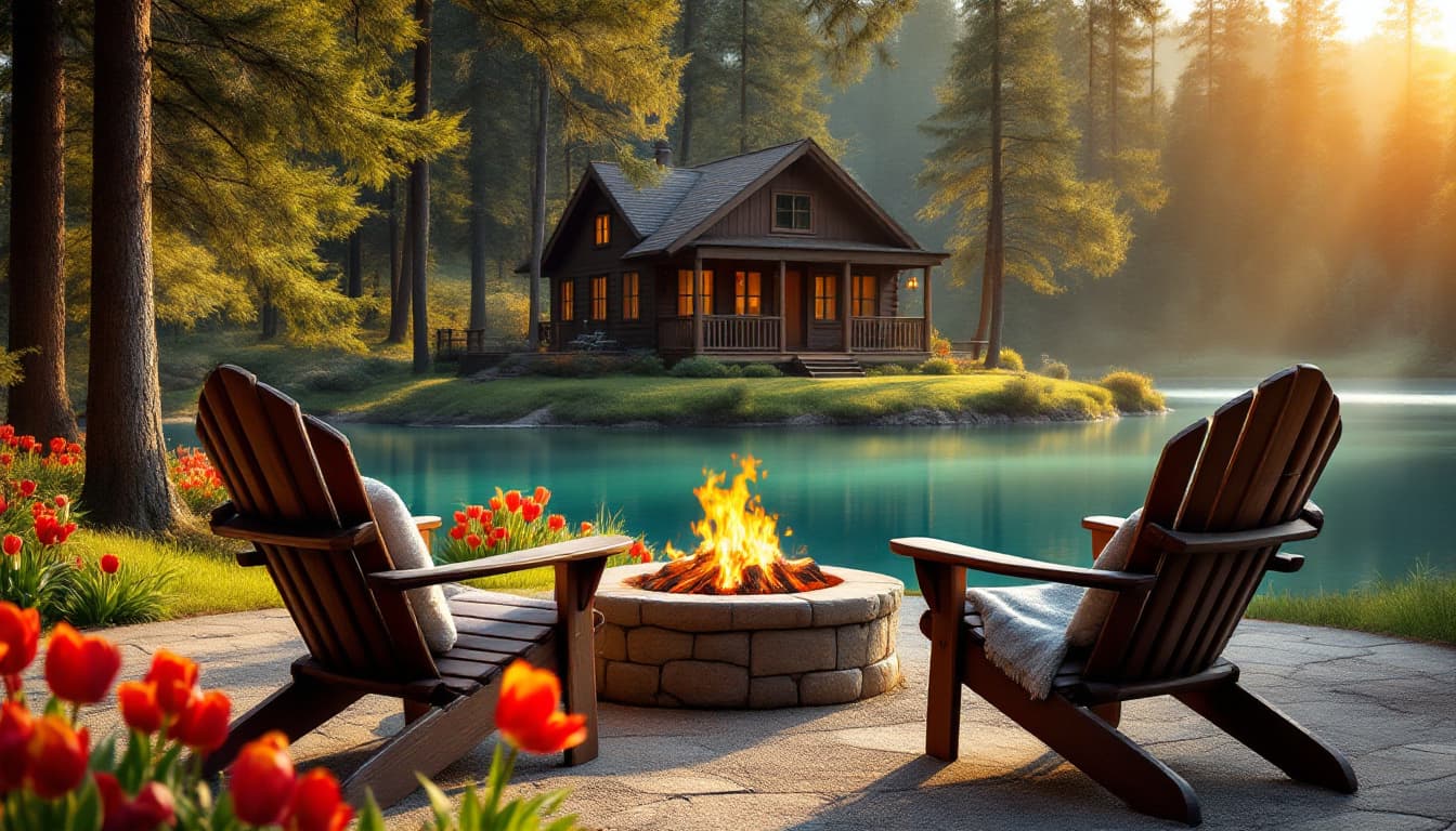 AI generated: A tranquil scene of a wooden cabin by a lake. Two Adirondack chairs are positioned beside a stone fi...