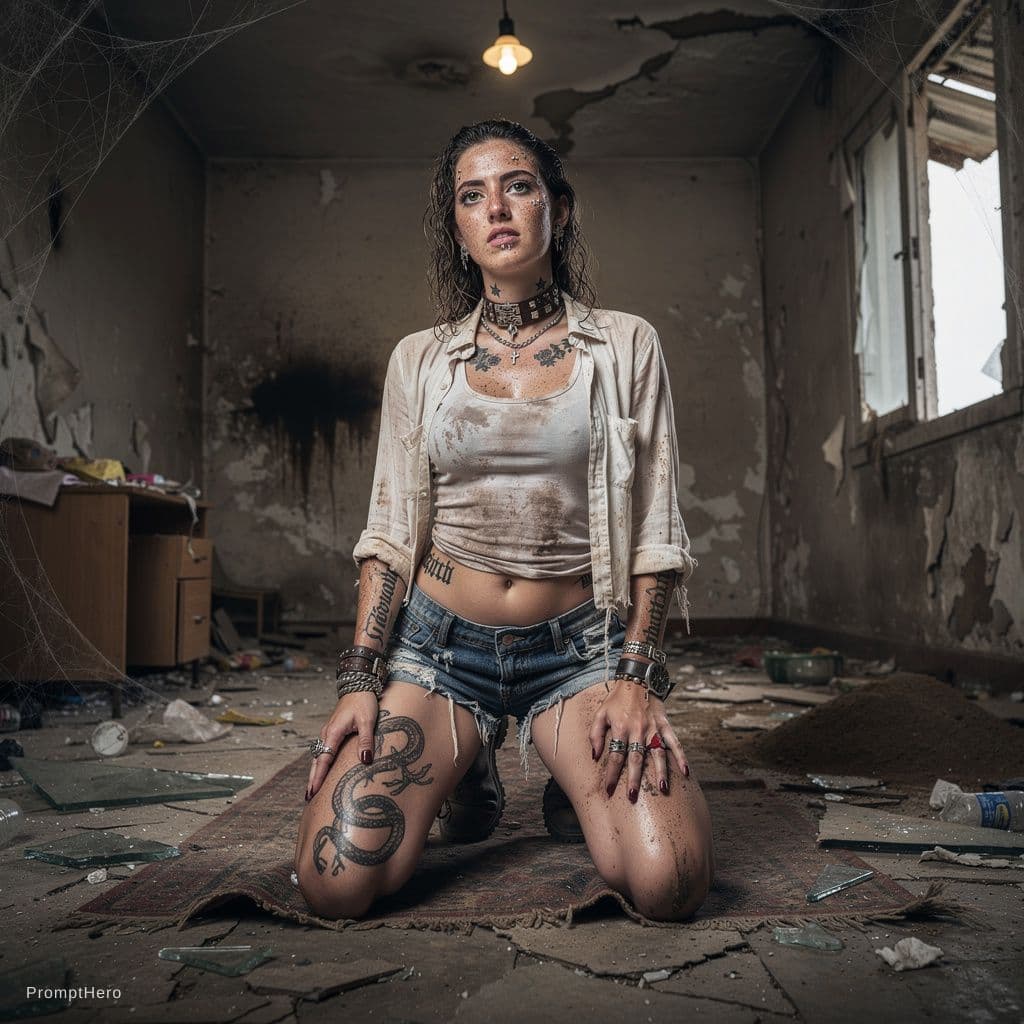 AI generated: Hyperrealistic fine-art cinematic full-body portrait of a 20-year-old Argentine woman in an abandone...