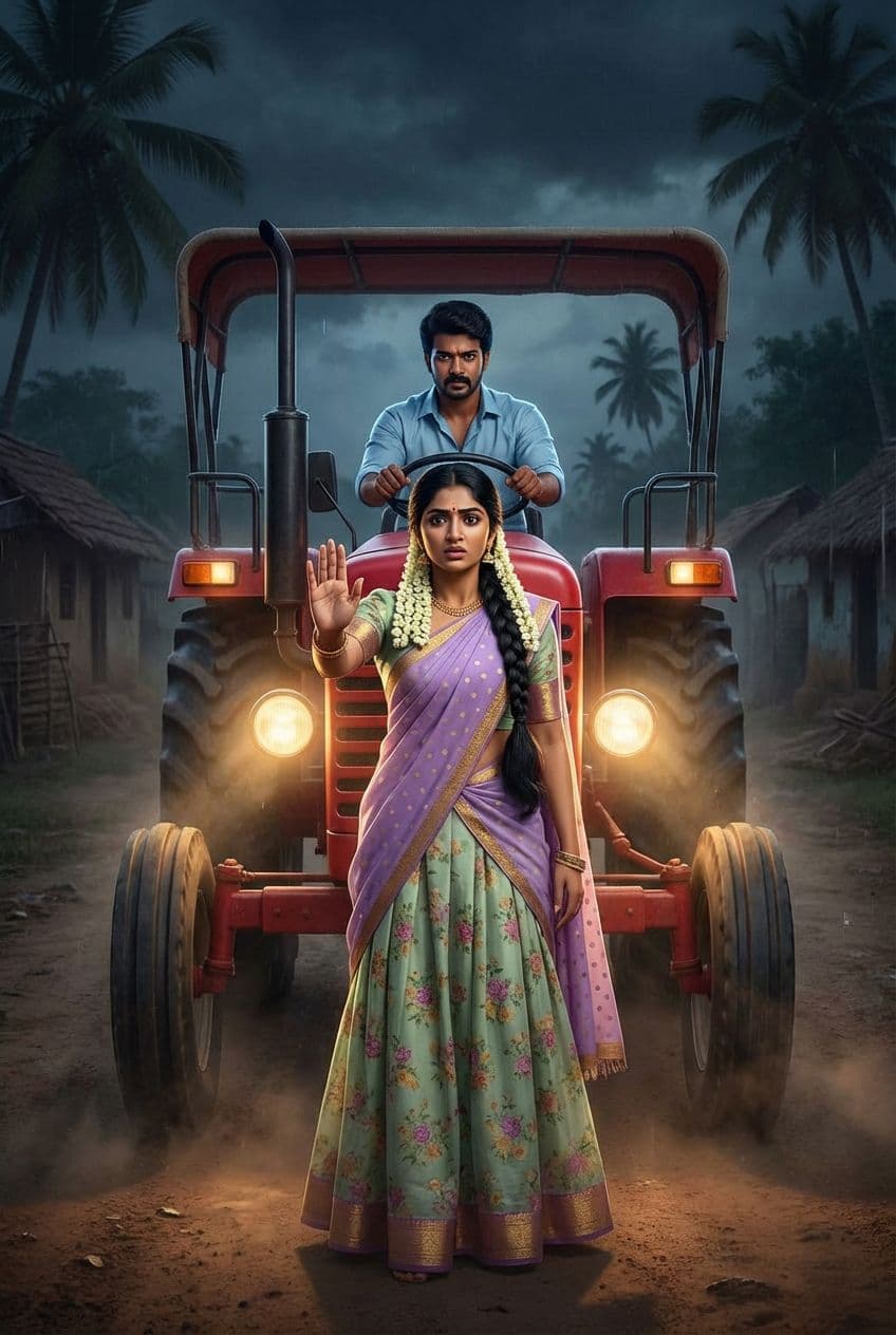AI generated: A dramatic rural night-time scene on a village road. A young South Indian woman stands in front of a...