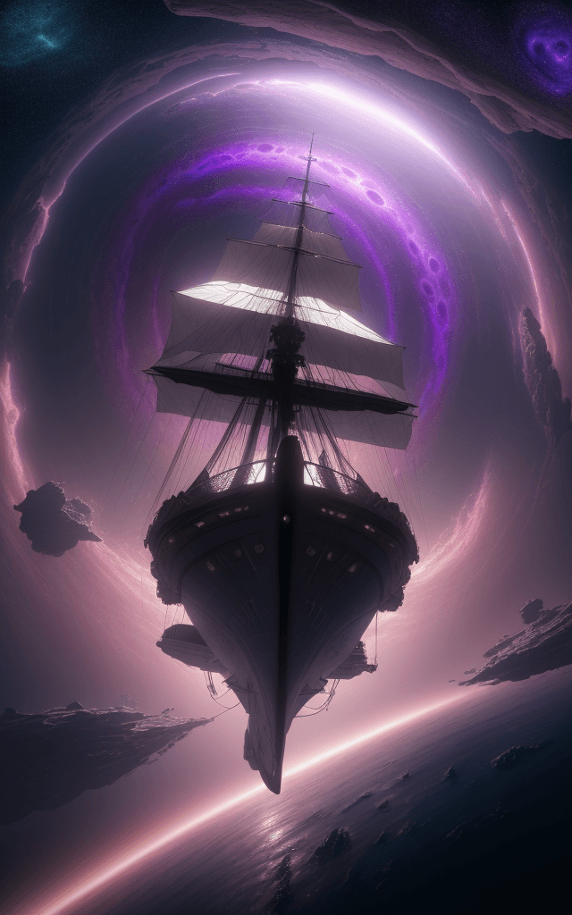 AI generated: Photo of a ultra realistic sailing ship, dramatic light, pale sunrSmall Space station above the plan...