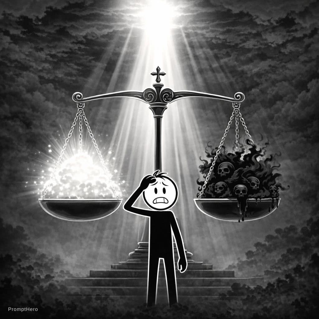 AI generated: An image of a person standing before a massive scale in a scene resembling Judgment Day.

One side o...