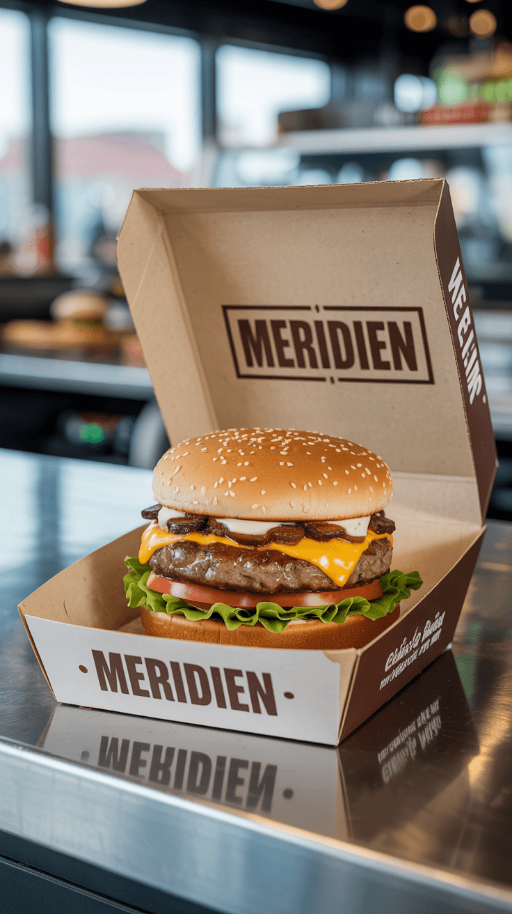 AI generated: Hyper-realistic hamburger in an open branded box, placed on a clean fast-food counter. The burger lo...