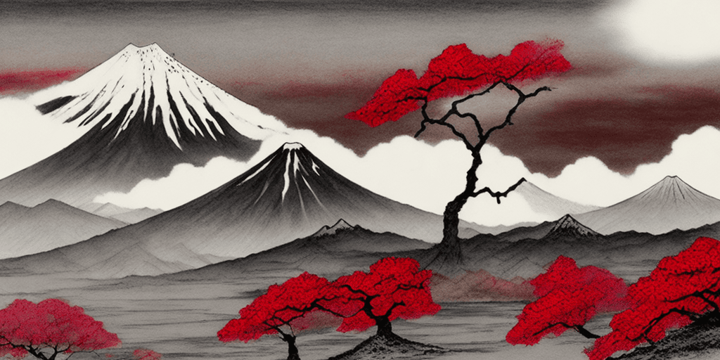 AI generated: In the foreground lonely sakura on a hill, in the background the Mount Fuji, black and red, sumi e d...